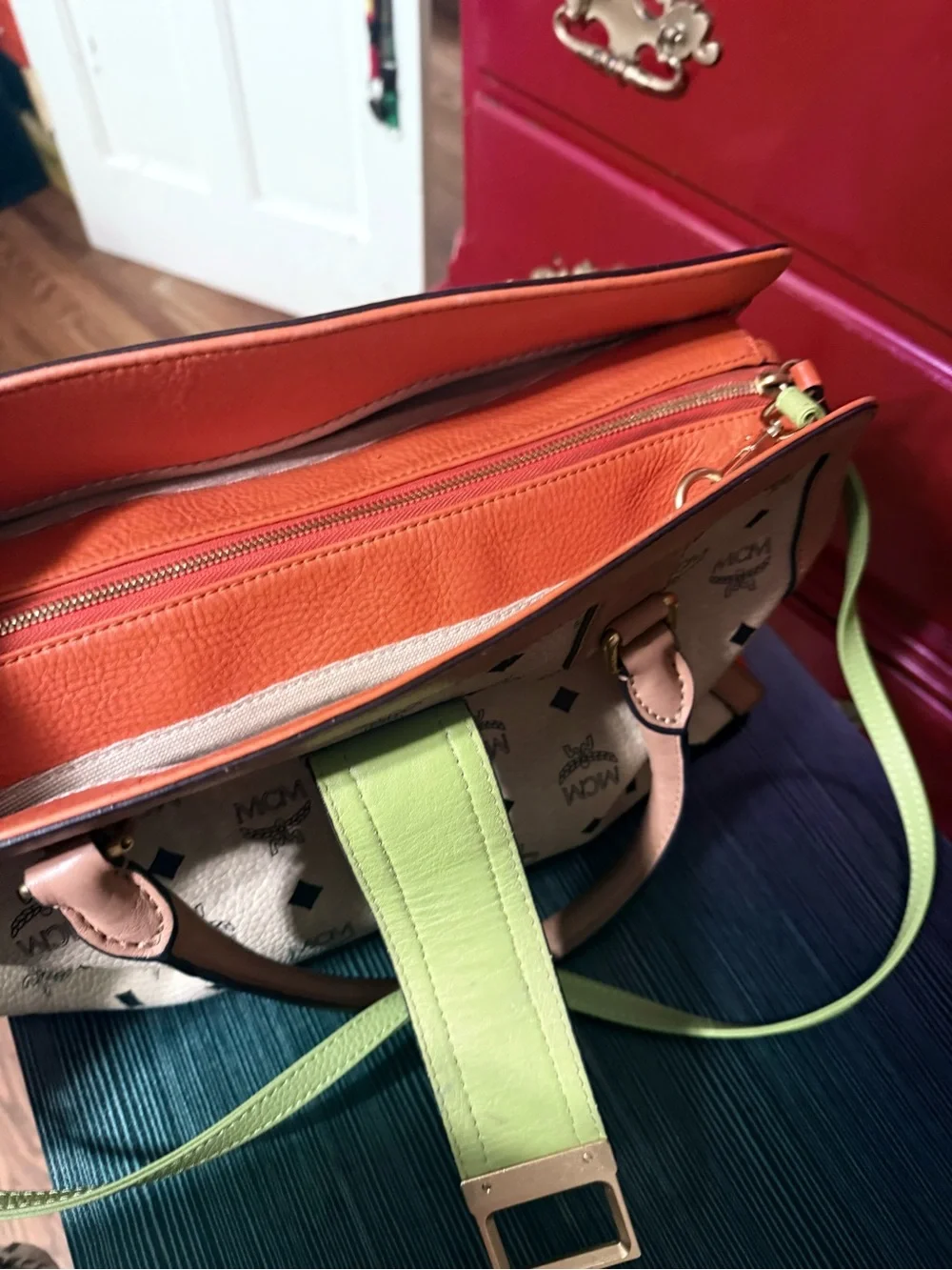 MCM Beige Monogram Veronika Visettos Tote with Orange and green detail